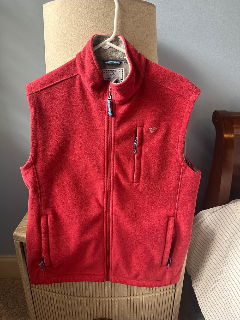 Southern Tide Coral Red Men's Fleece Vest with Zip Pockets